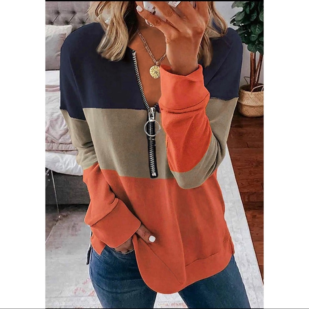 Color Blocked Zipper Long Sleeve Lightweight Tunic Style Sweatshirt